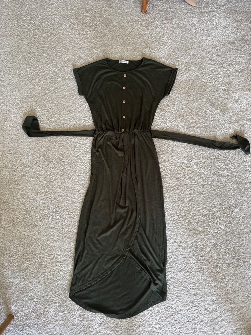 🔹 Women’s Olive Green Button Front Tie Waist Maxi Dress with Slit Size Medium - Picture 2 of 6